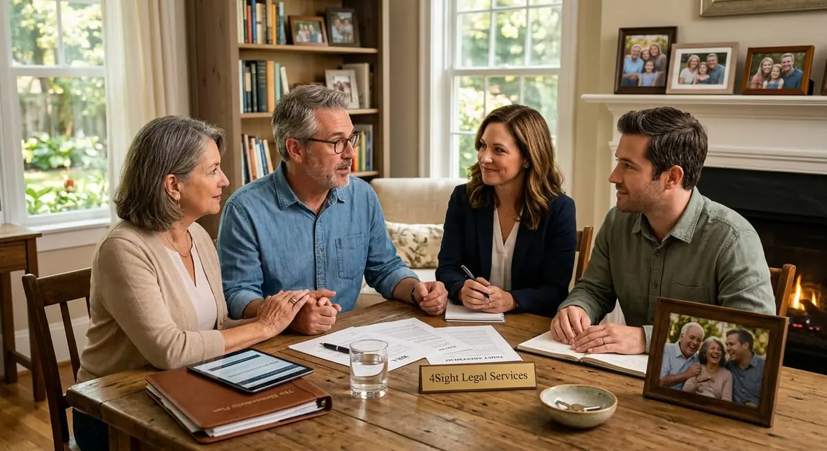 A family meeting with an advisor around a farmhouse table covered with estate planning papers, in a living room with family photos