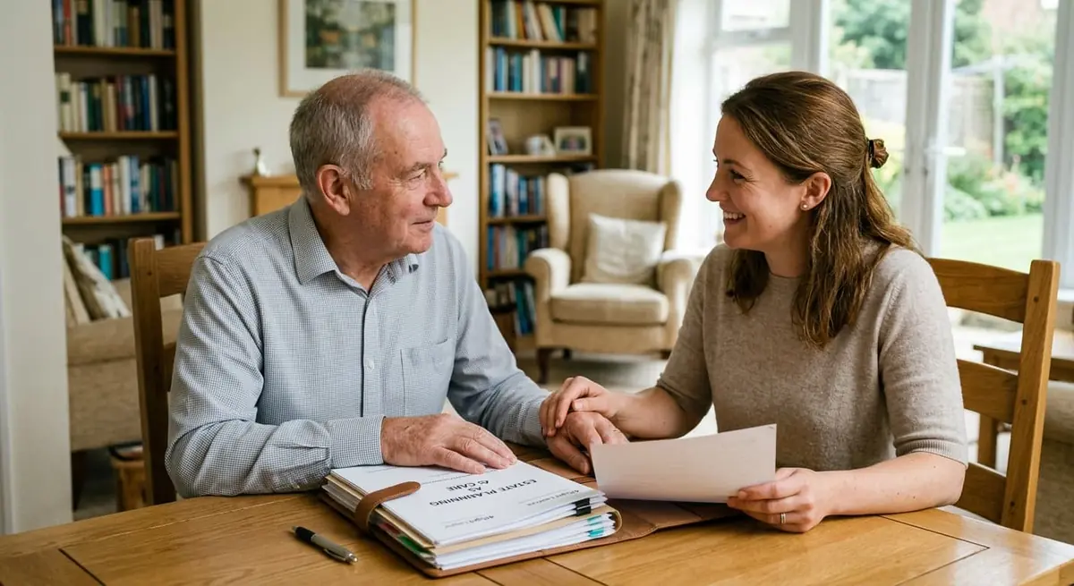 An older man and a younger woman smiling as they review an estate planning binder together at a wooden table
