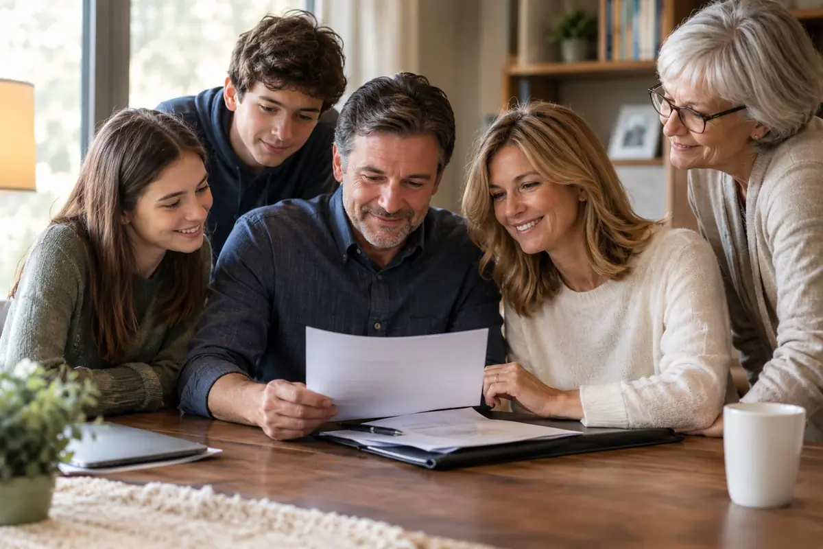 Three generations of a family gathered around a table, smiling as they read a document together