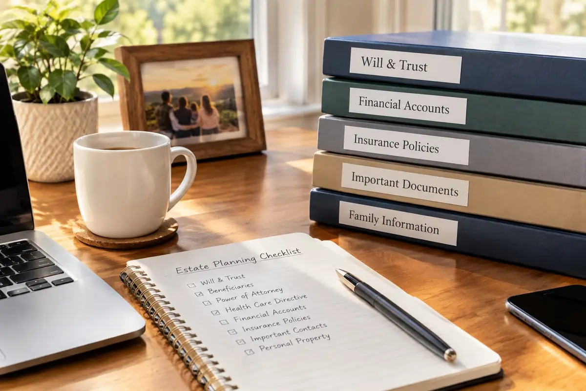 An estate planning checklist notebook on a desk beside binders labeled Will and Trust, Financial Accounts, Insurance Policies and Family Information