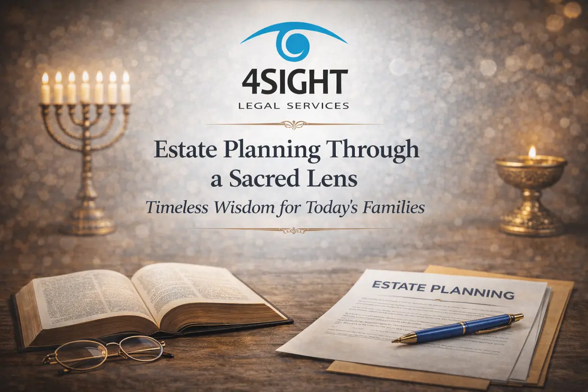4Sight Legal Services title card reading Estate Planning Through a Sacred Lens, with a menorah, an open book and estate planning papers