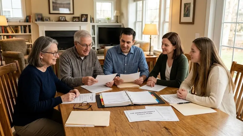 Three generations of a family seated around a dining table reviewing a family estate plan binder and papers