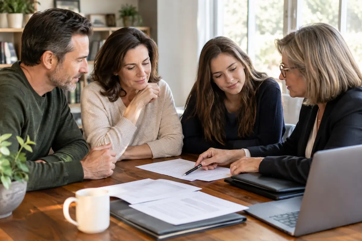 A couple and their adult daughter reviewing documents with an advisor at a dining table