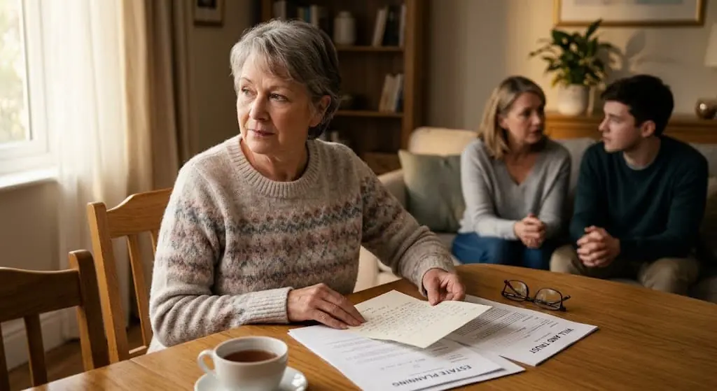 An older woman with estate planning papers at a table, looking up while her adult children talk on the sofa behind her