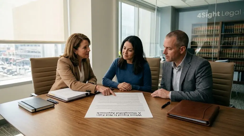 An advisor reviewing a document titled When Equal Is Not Fair with a couple across a conference table