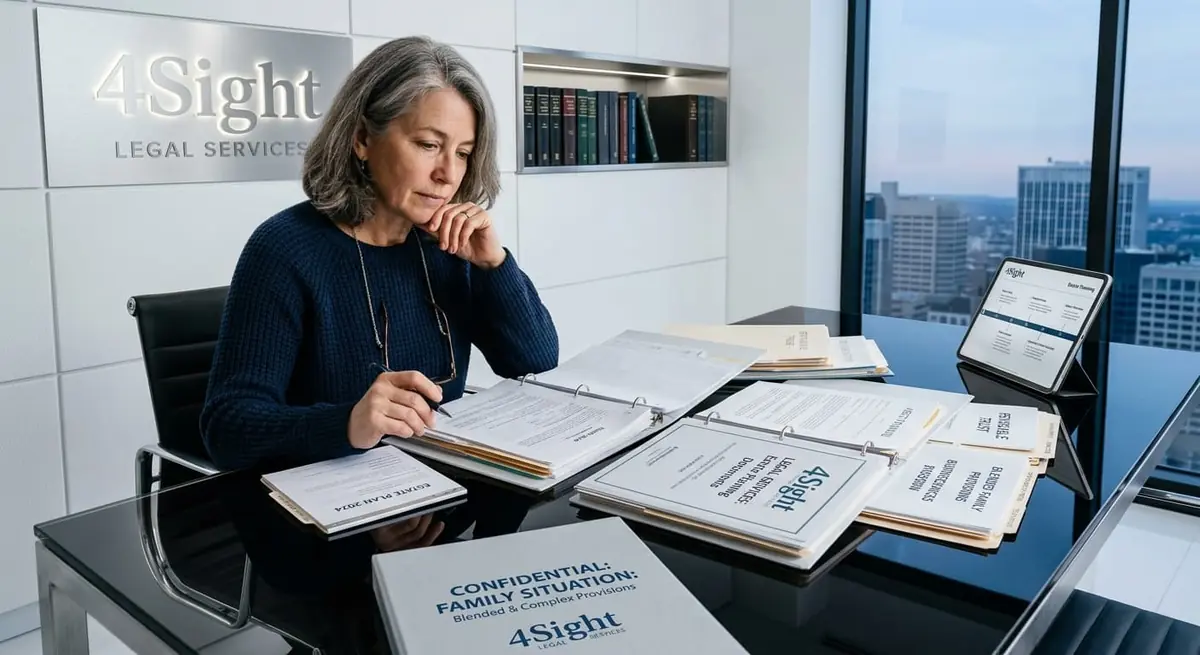A woman reading through binders and documents at a desk in a law office with a city view