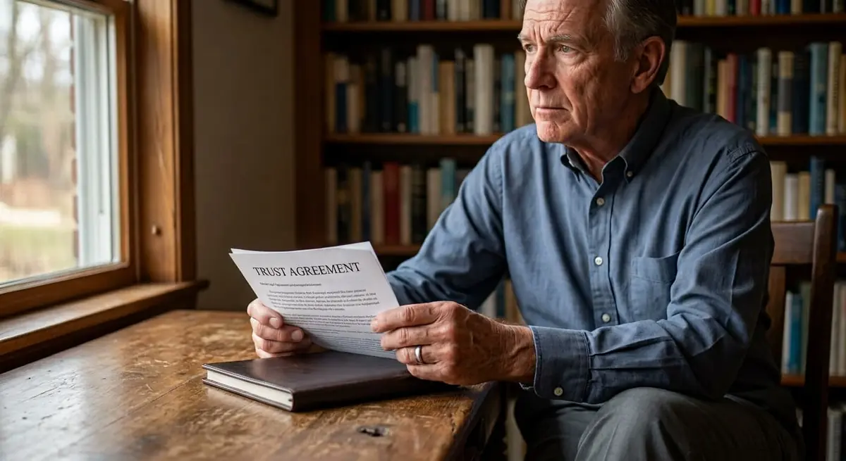 An older man by a window holding a document titled Trust Agreement, with bookshelves behind him
